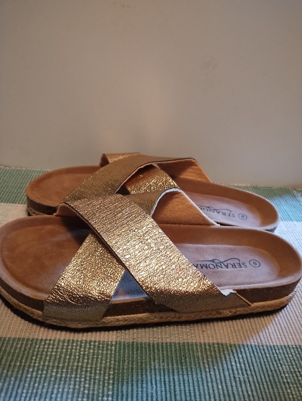 Seranoma Metallic Gold Crisscross Slide Sandals